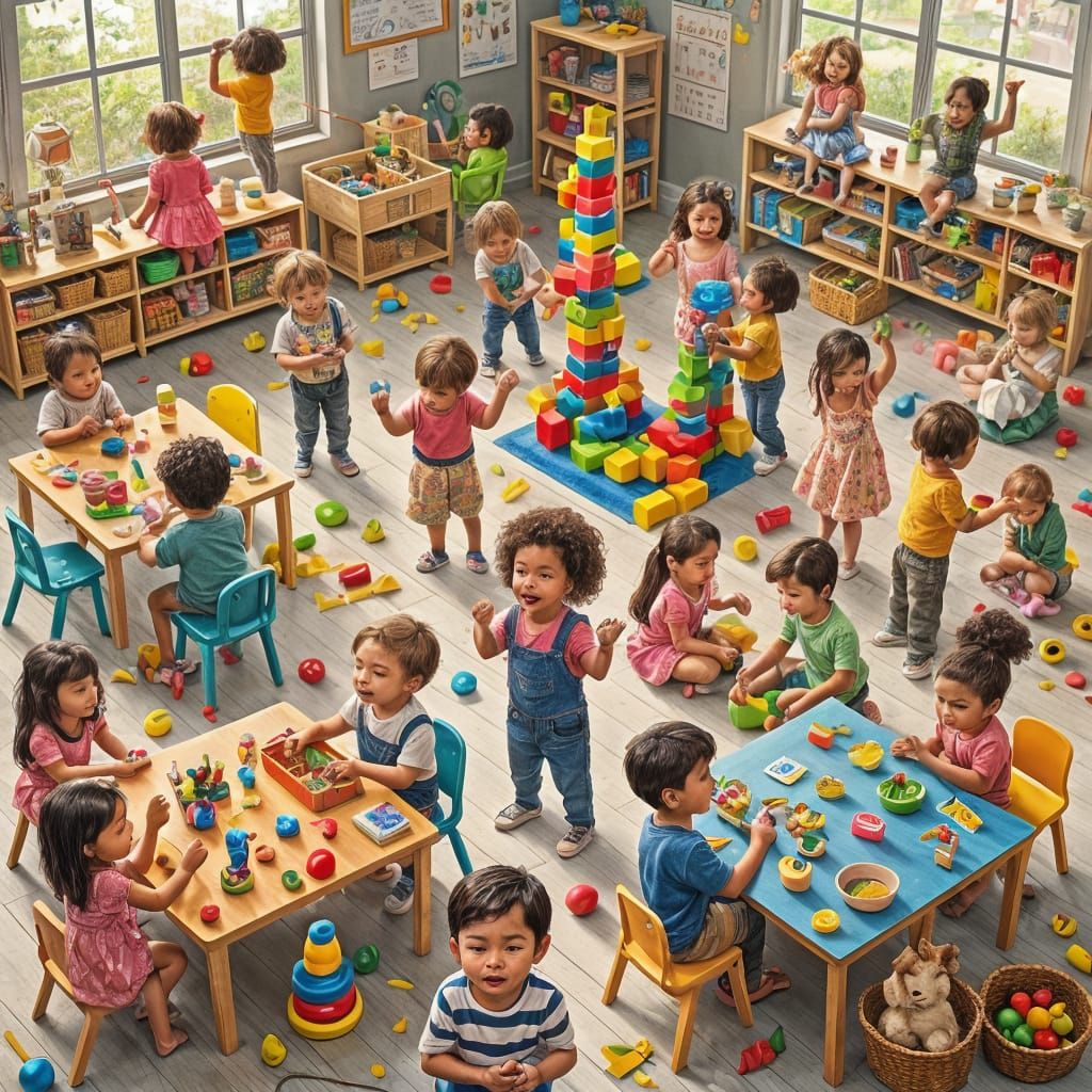 A busy preschool classroom interior shown from an elevated angle, capturing multiple areas and activities simultaneously. The scene includes...