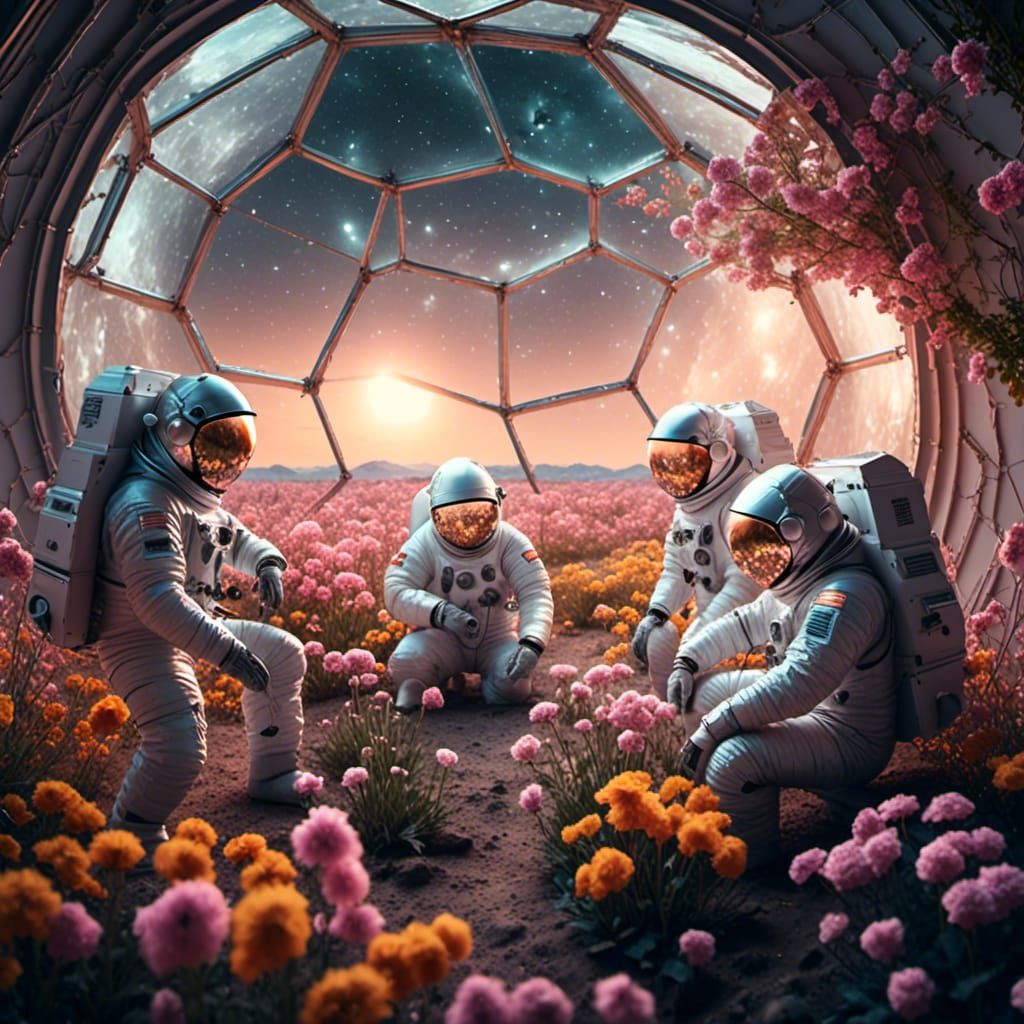 Three men in spacesuits tending to the flowers in a geodesic dome of atmosphere on the moon. <lora:Expresso Shot:1.0> 