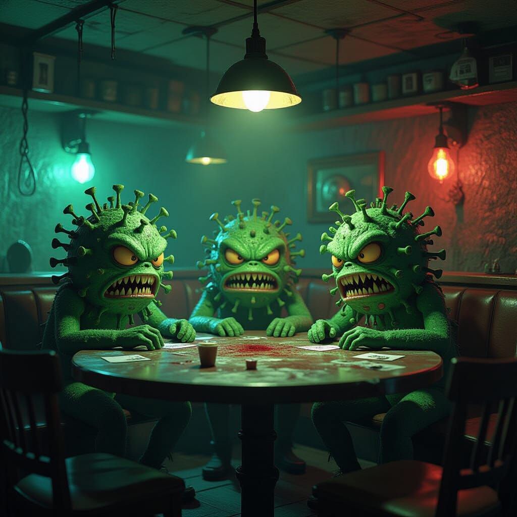 3 Covid viruses plot destruction in a dingy bacterium Bar