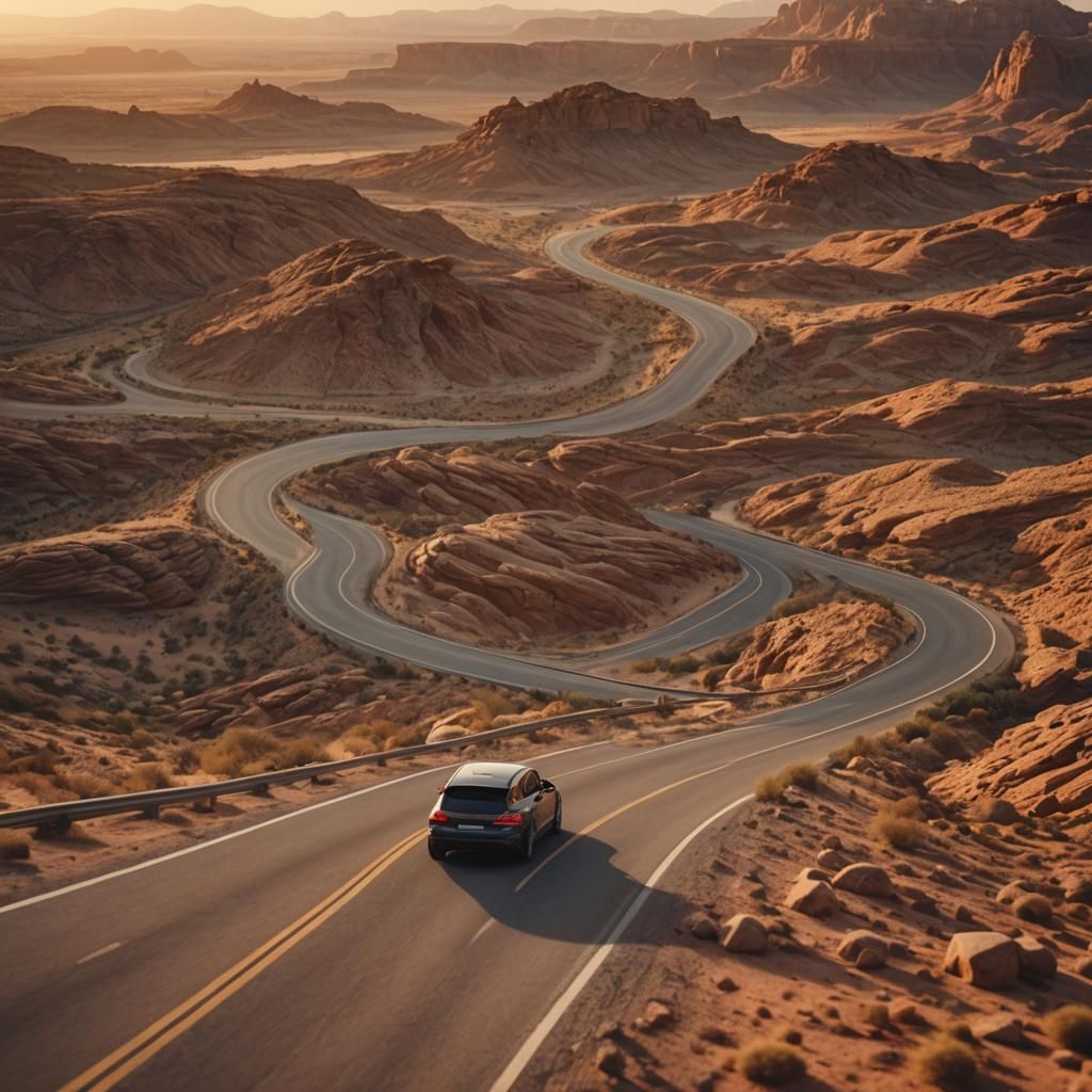 Car on Winding Road at Golden Hour