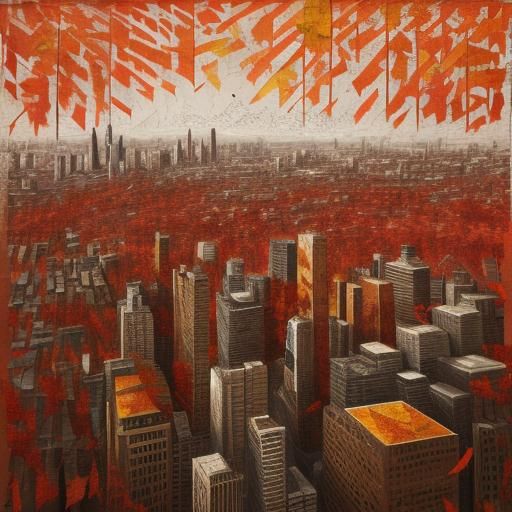 textured torn paper art. Autumn trees blended with a modern city, oange, red, brown mood