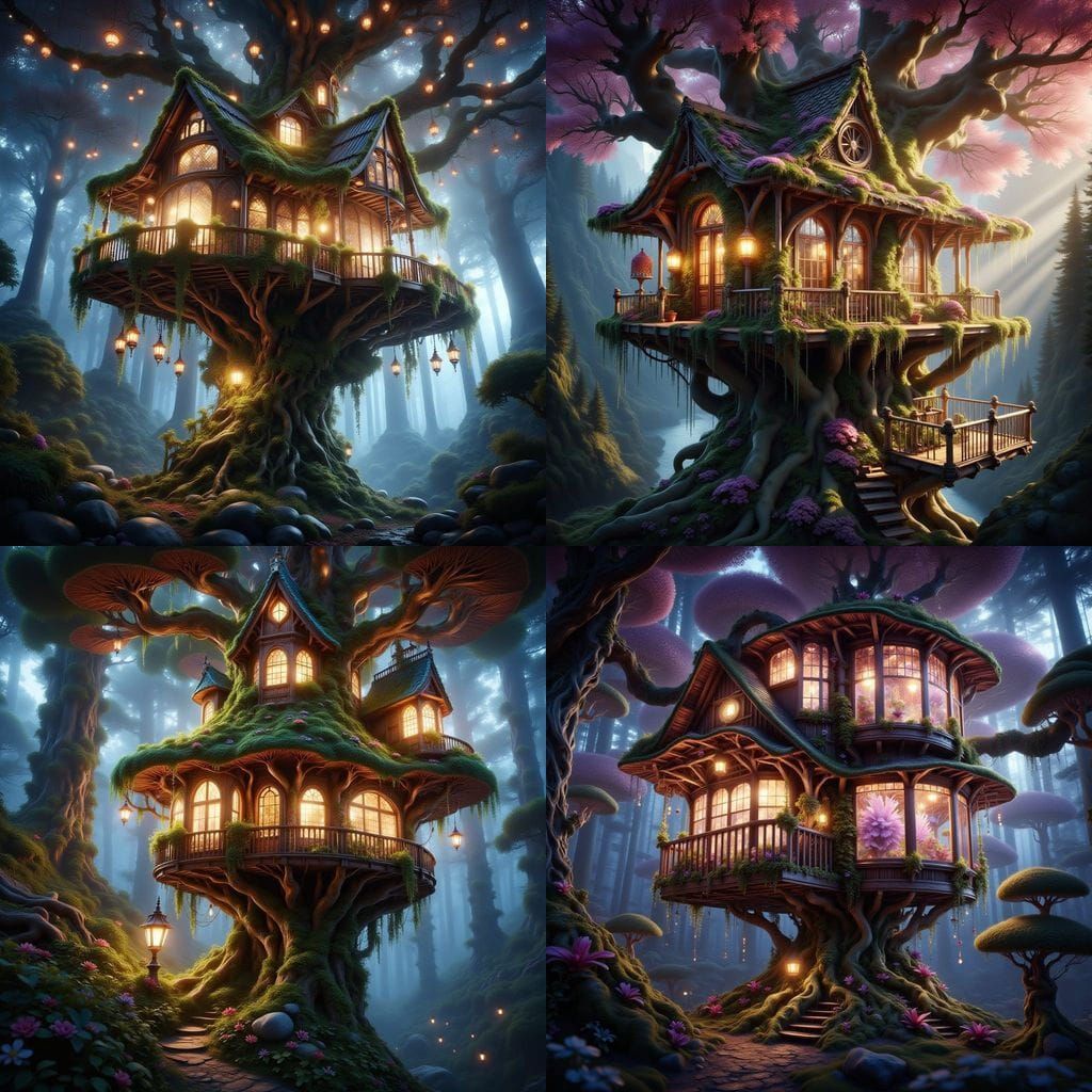 A glass tree house covered with ivy vines high above other trees <lora:Treehouse Fantasies:1.0>
