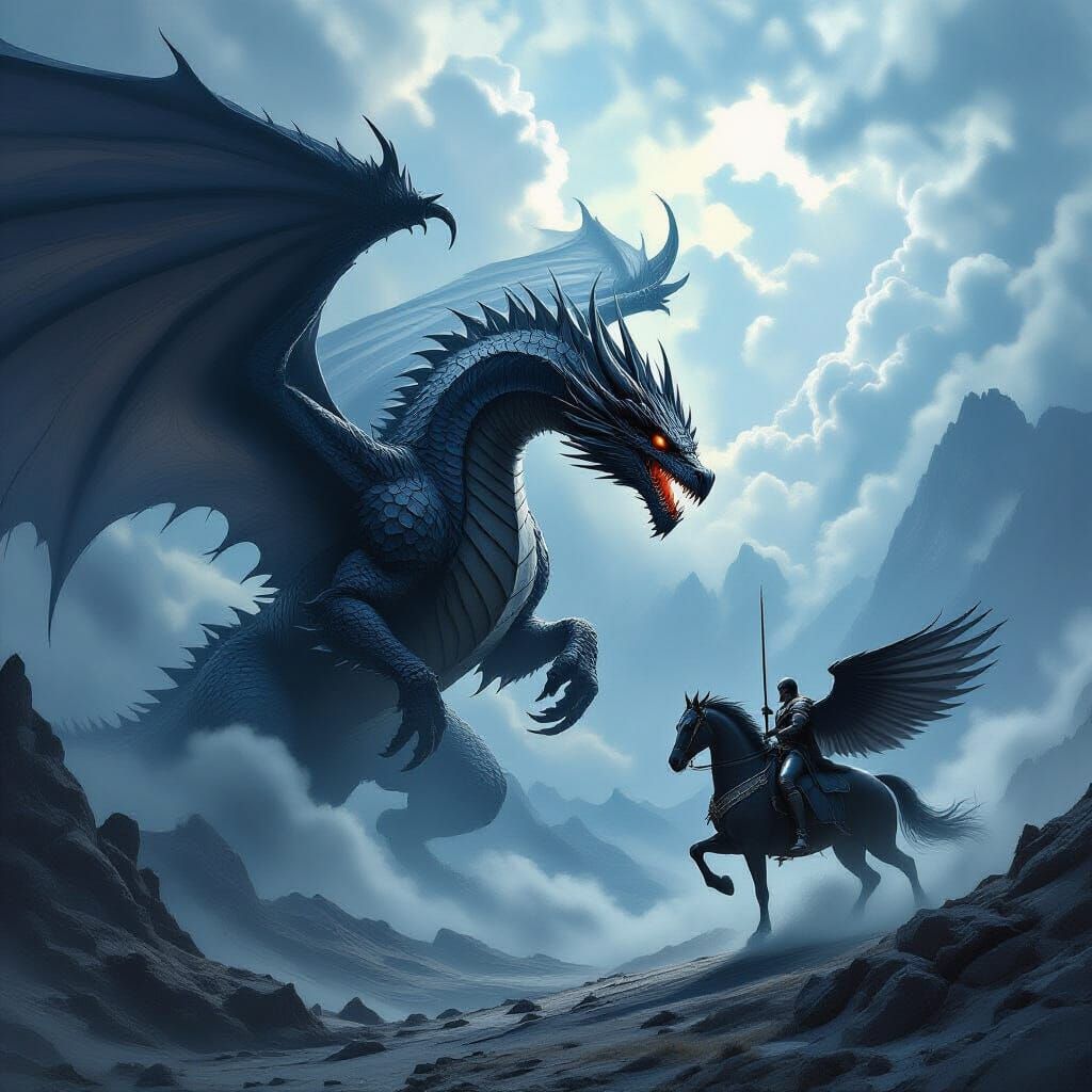 A colossal dragon, scales shimmering like obsidian, locked in an epic aerial battle with a valiant knight atop a winged steed. The stormy sk...
