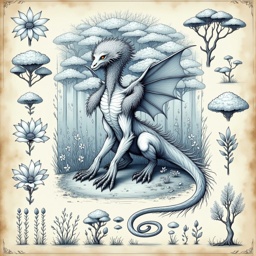 <lora:Fantasy Creature:1.0> A <Dragon> in the style of <Fantasy Character> in a forest, with smaller images of characteristics