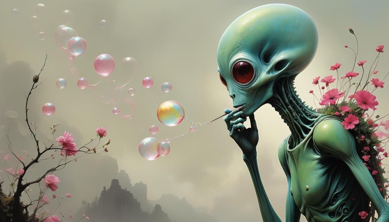 Alien Flower Stick Figure Blowing Bubbles in Sci-Fi Style