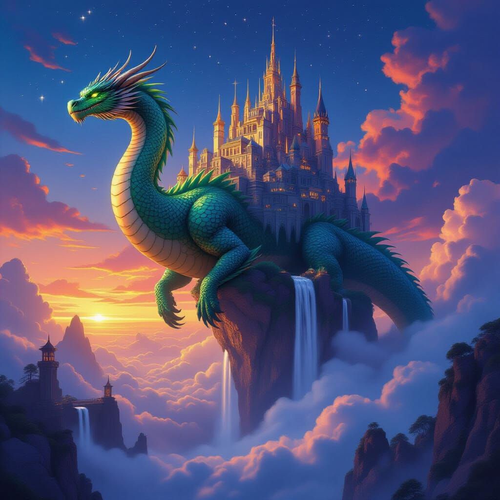 Epic Fantasy City Rests on Soaring Emerald Dragon