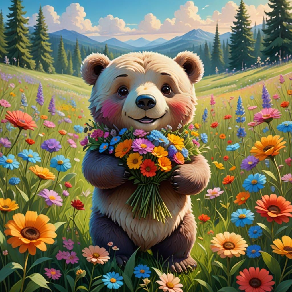 Vibrant Cartoon Bear in Whimsical Miyazaki-Inspired Meadow