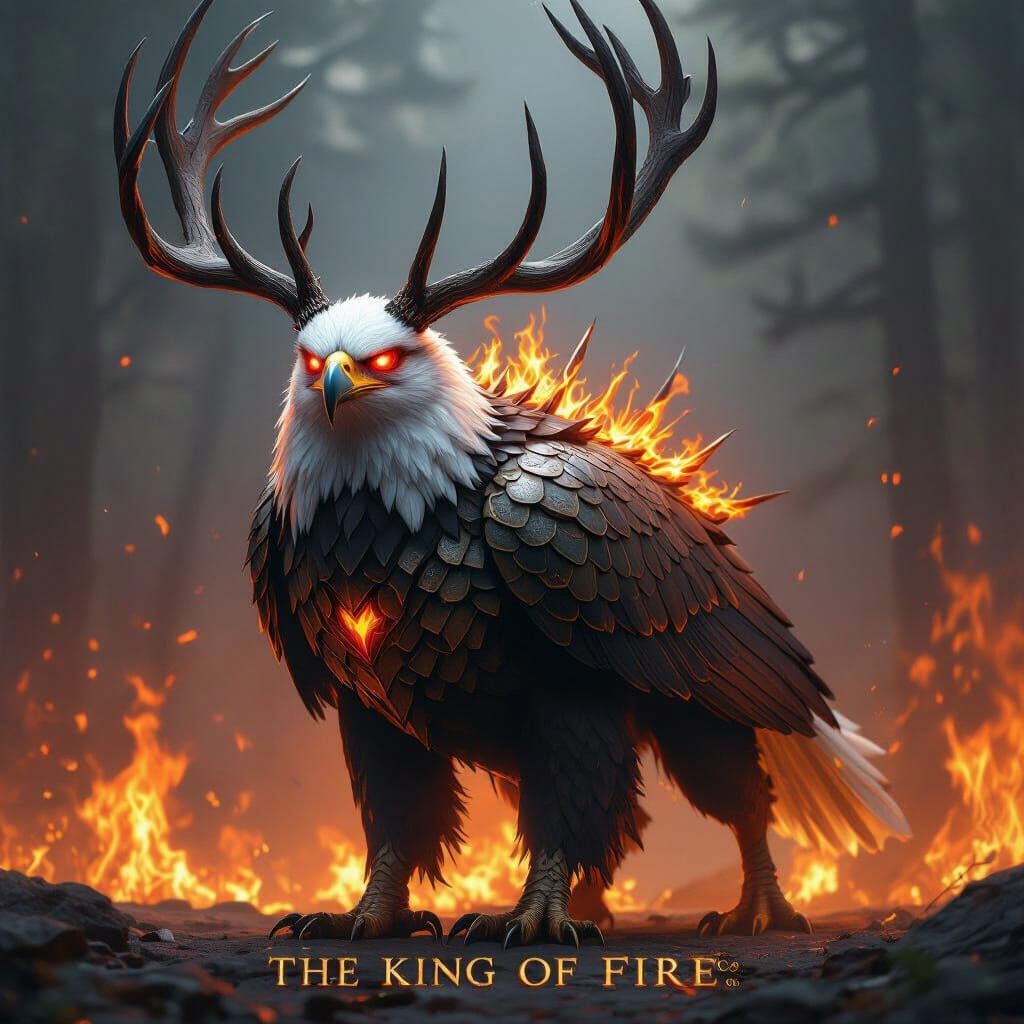 A majestic and fearsome mythical creature with the noble head of a bald eagle.
The eagle's eyes glow with an intense, demonic red light.
Lar...