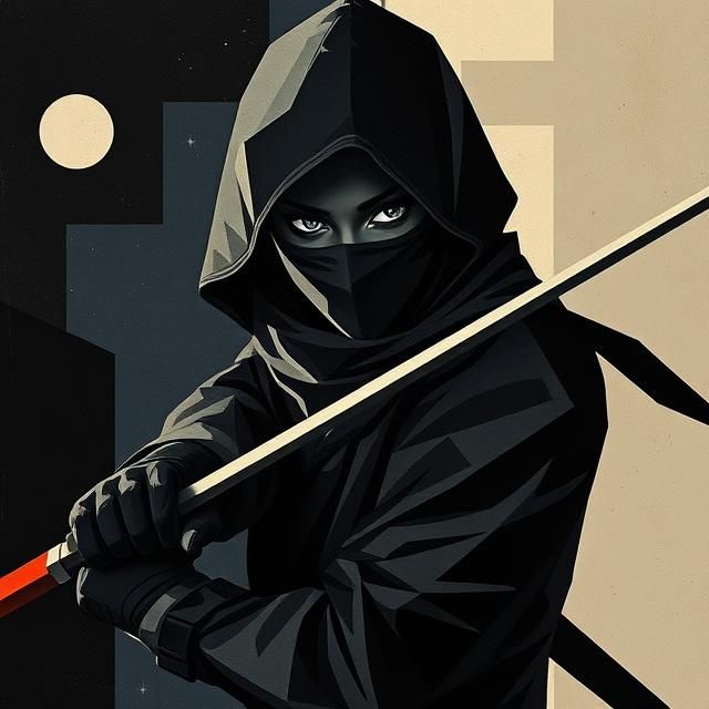 BLACK FEMALE STEALTH NINJA IN A SPLIT BACKGROUND OF NIGHT AN...