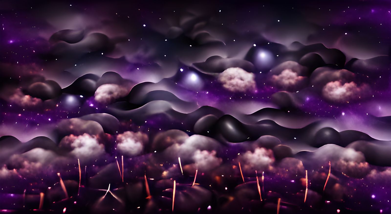 misty purple and black clouds with stars, surreal style as a...