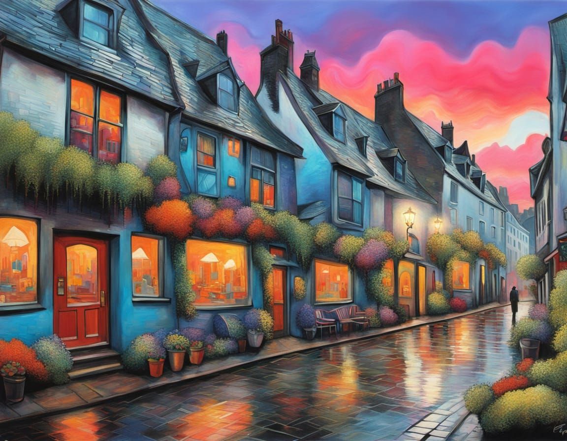 An intensely vibrant and surreal cityscape at twilight, where buildings are sculpted from solidified music and the sky rains liquid color. S...