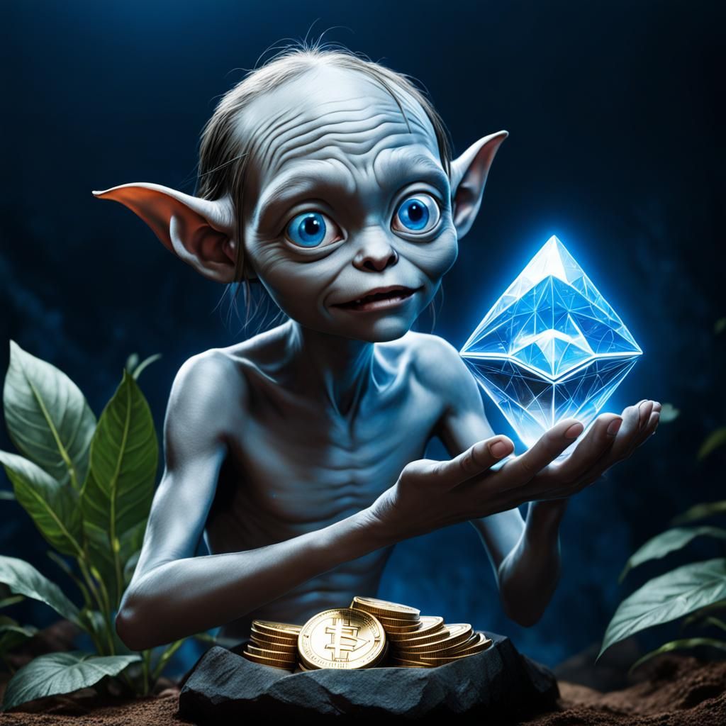 Gollum holding an blue ethereum and worshipping it