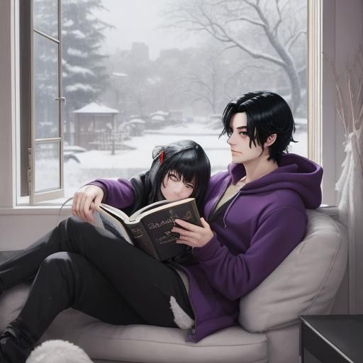 A man with fluffy black
 hair is wearing a purple vest and i...