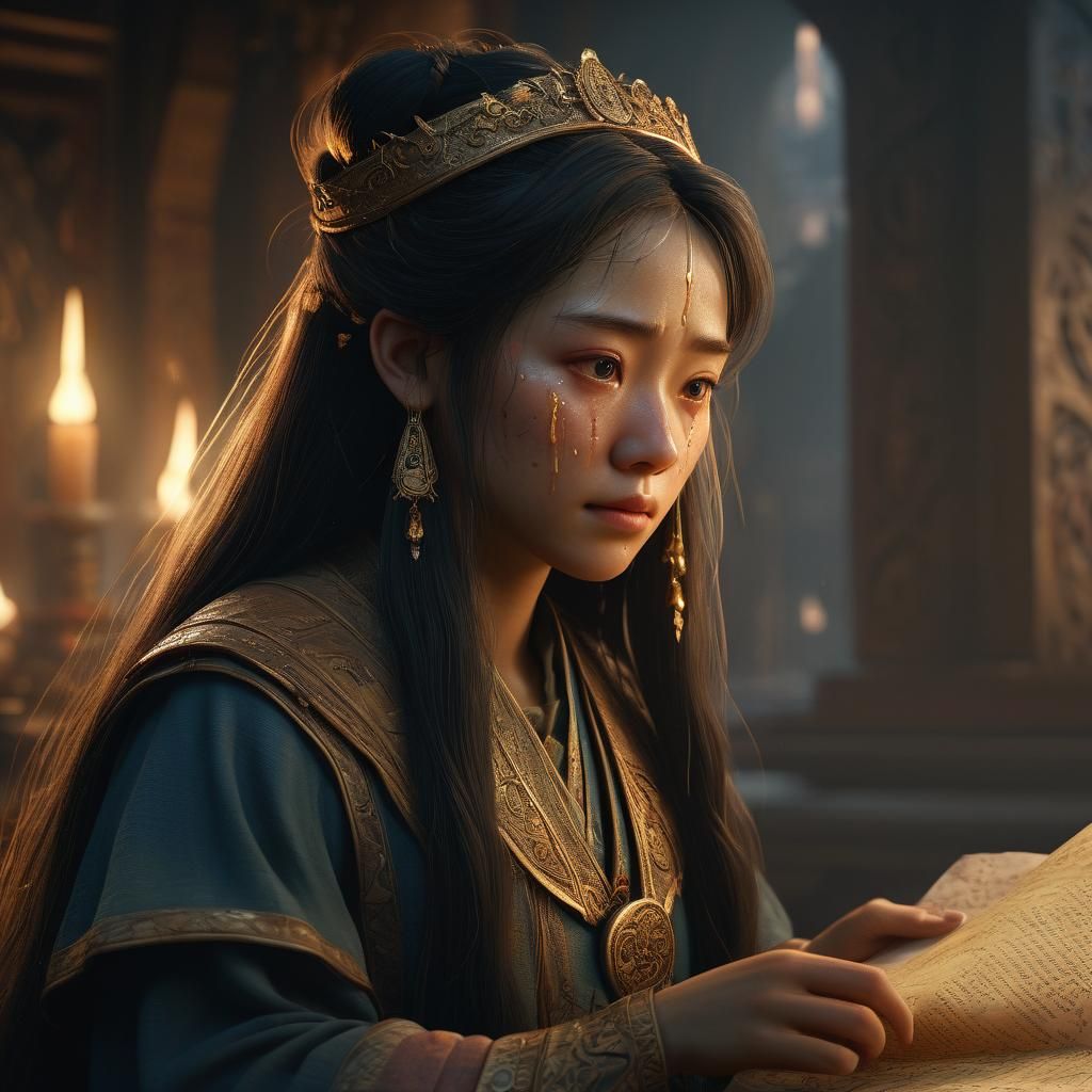 Hime with Ancient Scroll: Cinematic Digital Art