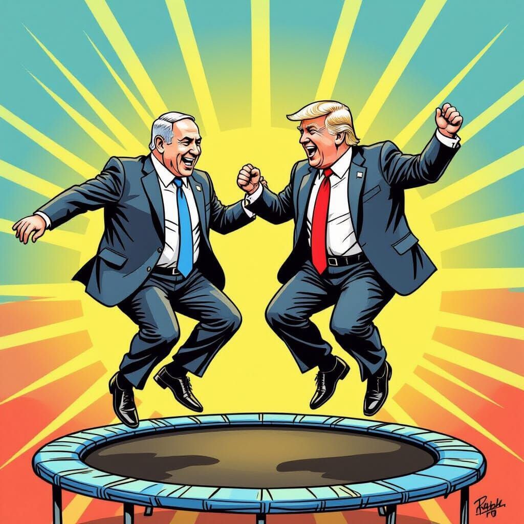 Netanyahu and Trump Jump on Trampoline in Cartoon Style