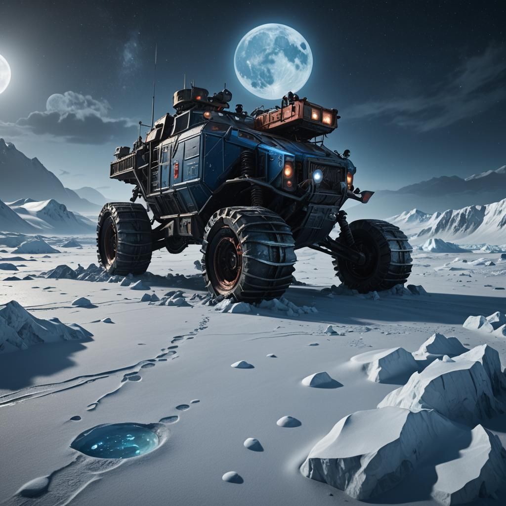 Demonic rover in the Antarctic under full round blue moon