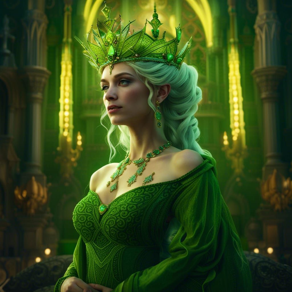 a queen with Chartreuse hair Chartreuse eyes and a tiara with emeralds ...