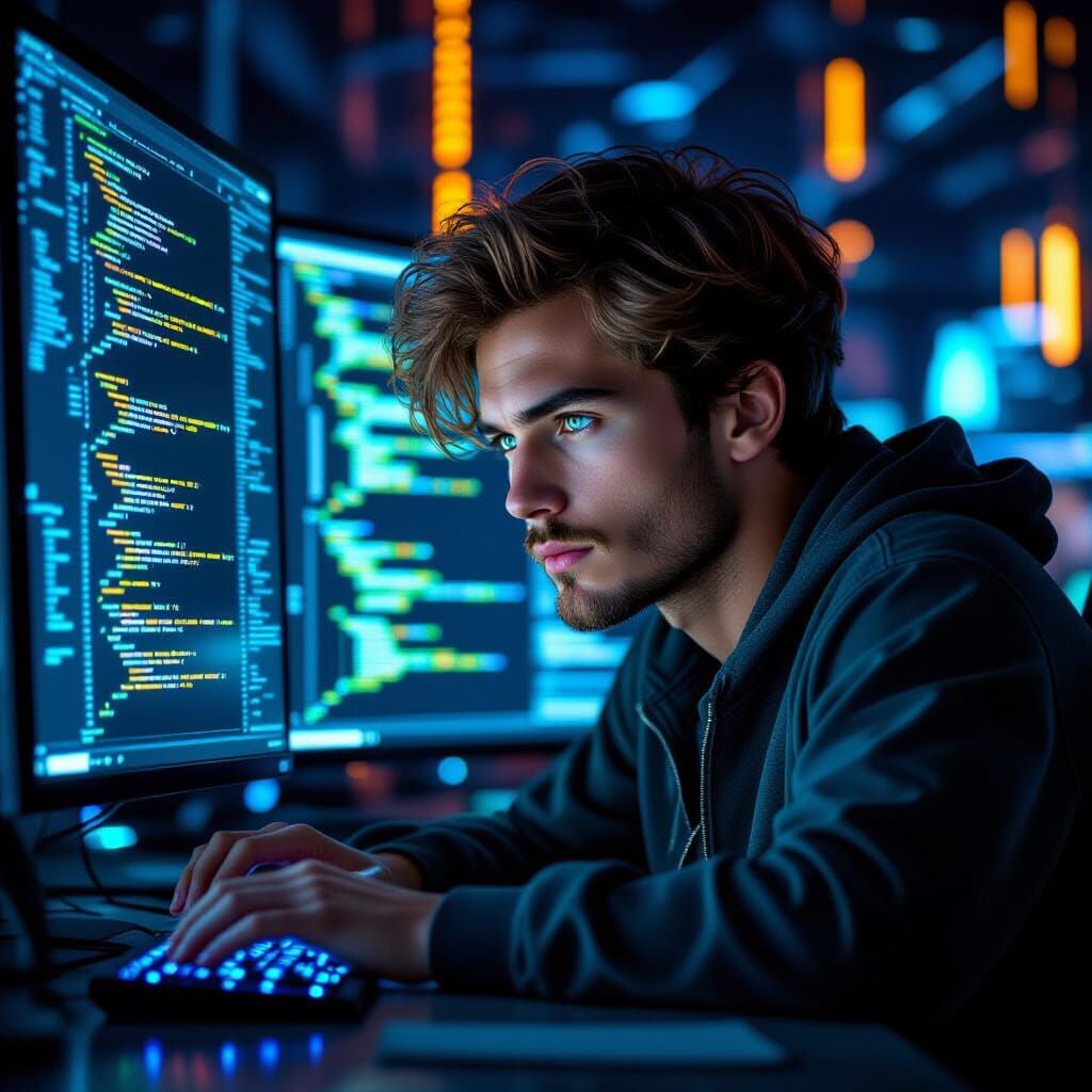 Focused Hacker in Dimly Lit Room with Glowing Code