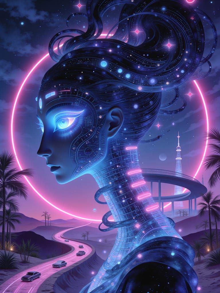 <lora:Ancient Nouveau:1.0> A surreal Cyber Nouveau portrait of a woman with whimsically warped, retro-tech beauty, big electric-blue eyes th...