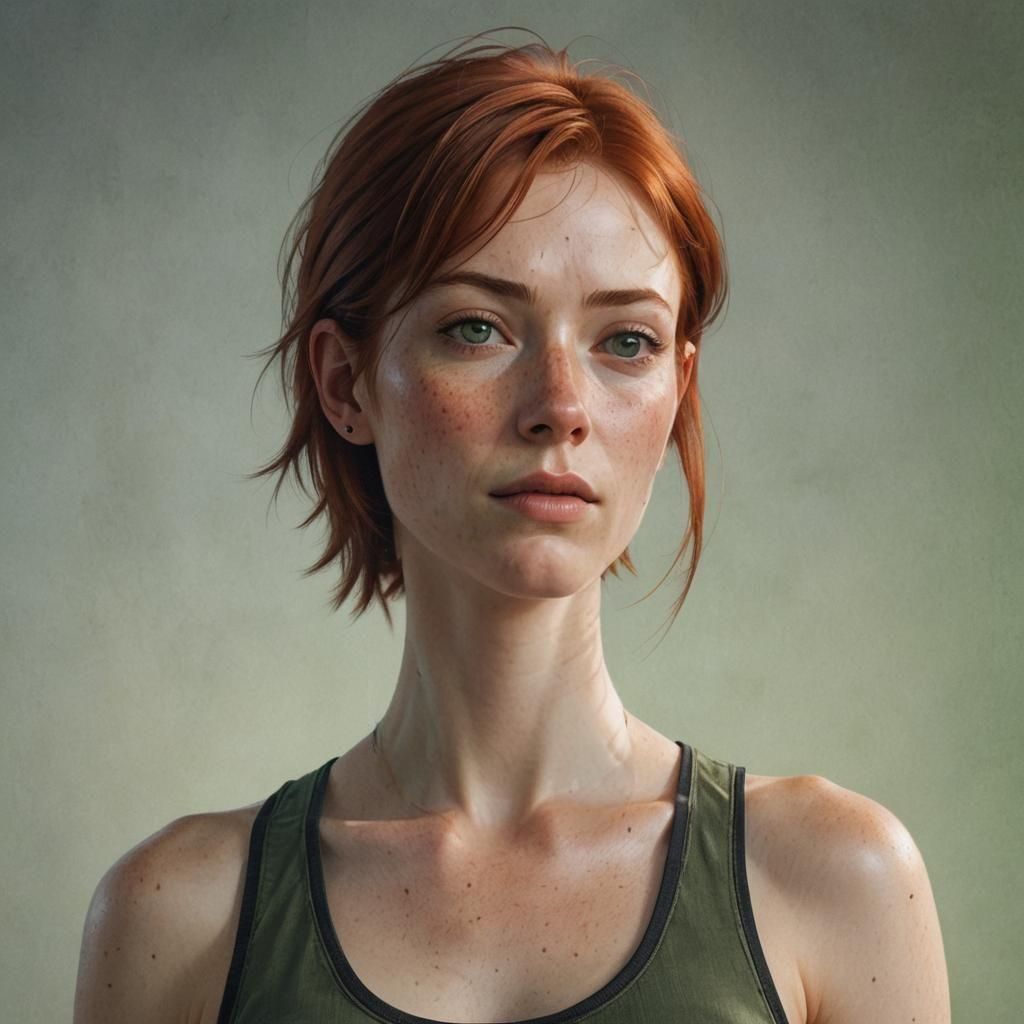 a fat girl a red short hair, green eyes, pale skin, blur background  by @Carol
