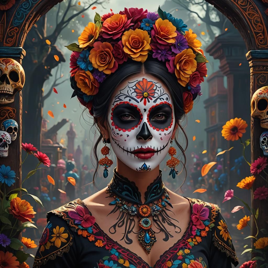 beautiful woman wearing colorful Día de los Muertos face pai...