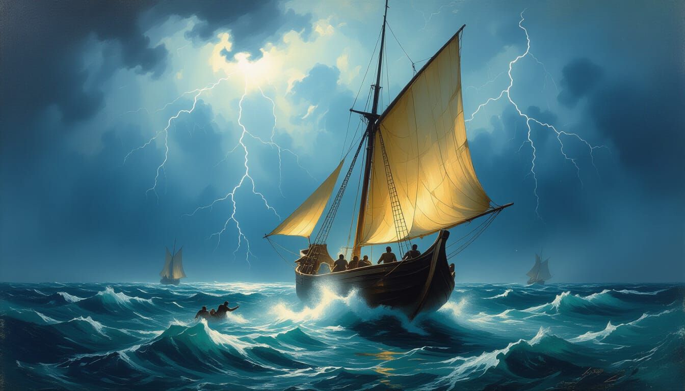 An old Dhow, with tattered sails is tossed around on the roiling sea during a storm. Dark thunderclouds and lightening fill the sky as the s...