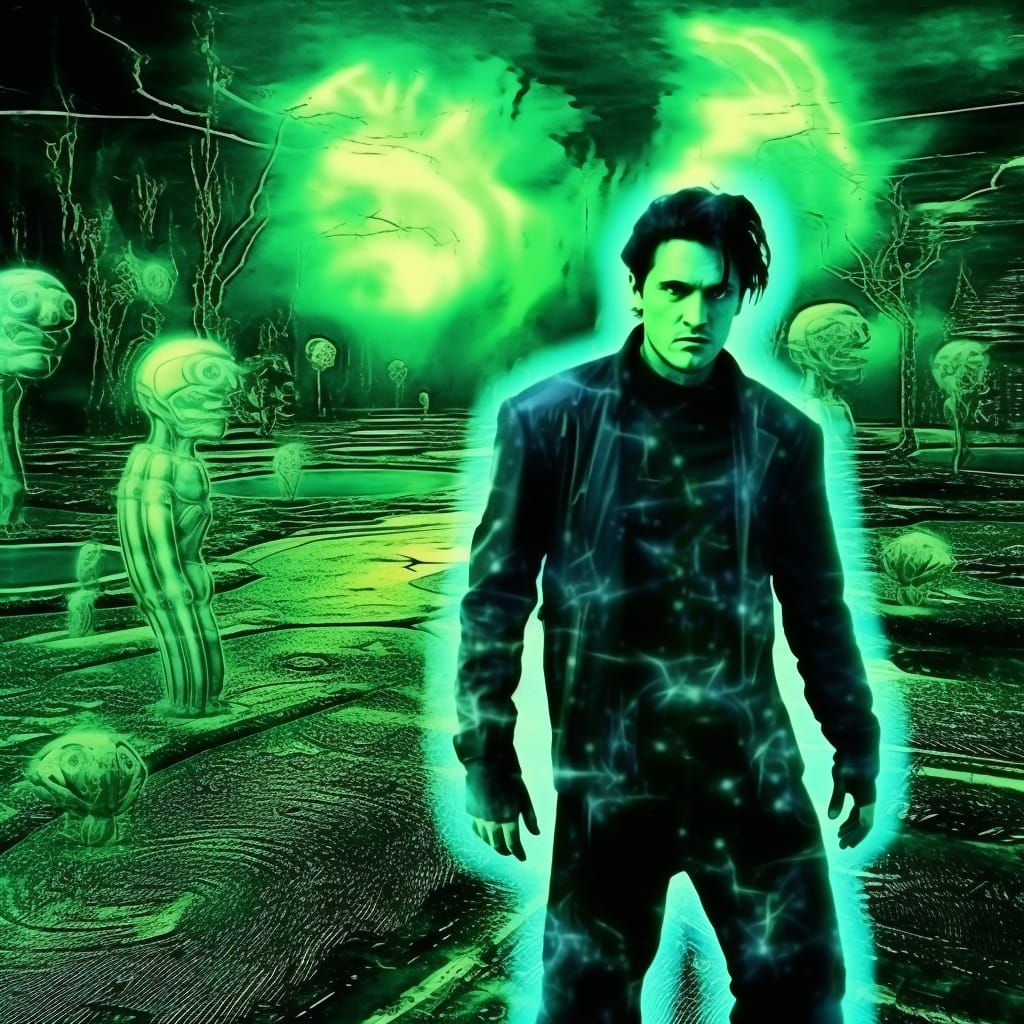 1990's style sci-fi movie scene. Grainy VHS quality, random glitches in Vaporware.