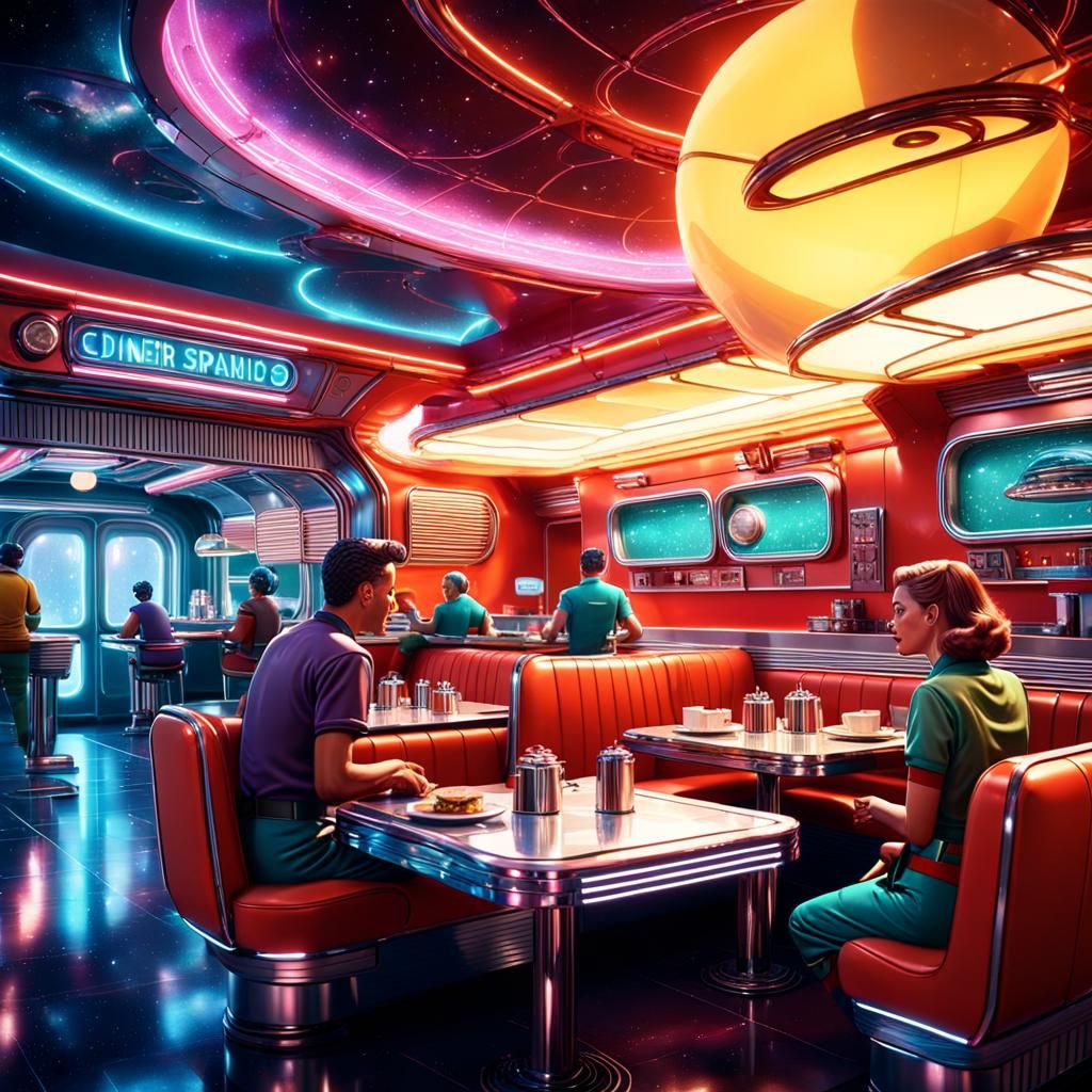 a busy retro-futuristic diner in space