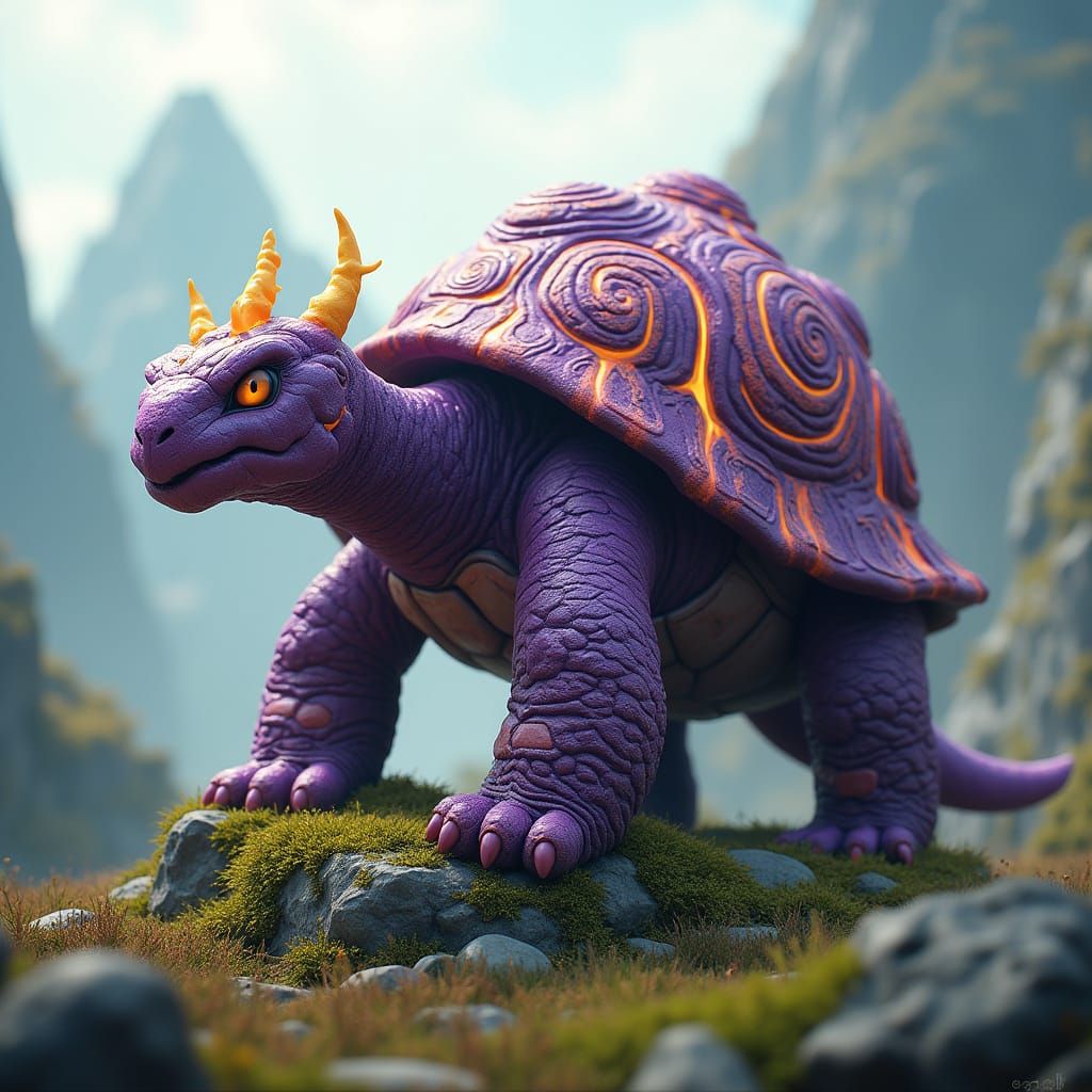 Majestic Tortoise Digimon with Volcano Shell, Purp... - AI Art
