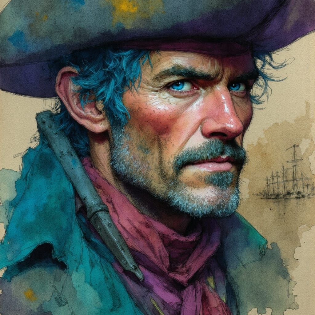 Alcohol ink, color pencil and brushed charcoal sketch, pirate, in the style of Artemisia Gentileschi, Wadim Kashin, intense rich colors, vib...