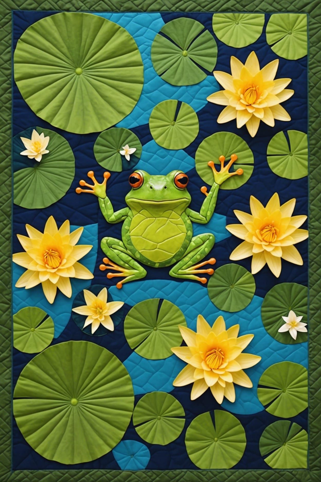 "A patchwork quilt of a frog on a lily pad"