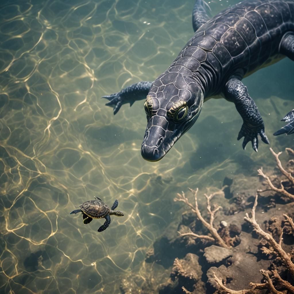 sea monster with smooth black skin and 100 foot long neck an...