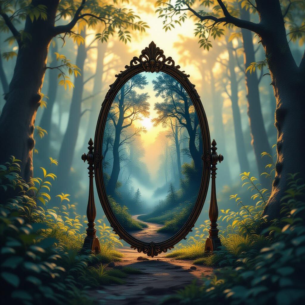 Magical Forest Reflection in Mirror, Ethereal Ambiance