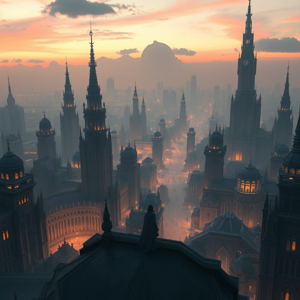 Majestic Cityscape at Dusk in Surrealistic Style