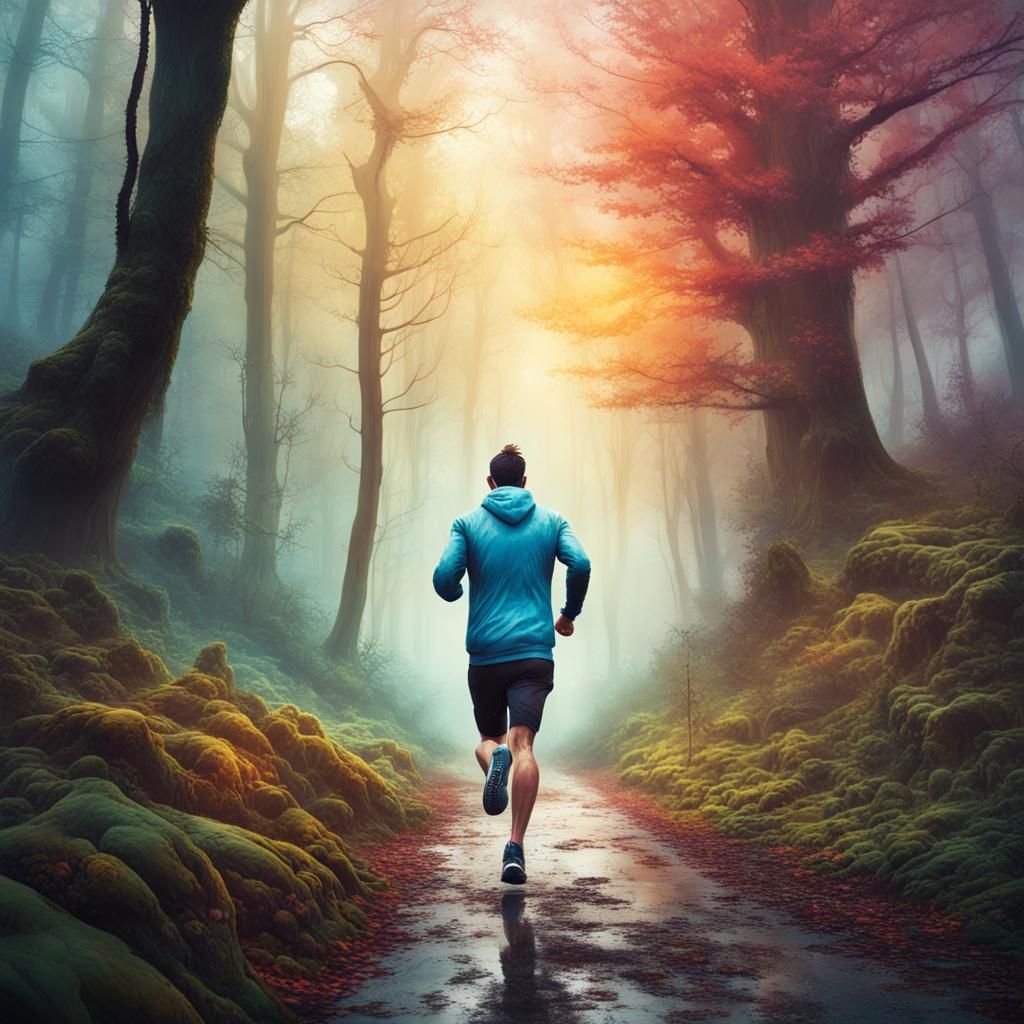 man jogging in a beautiful and misty forest on a path. cinematic. epic ...