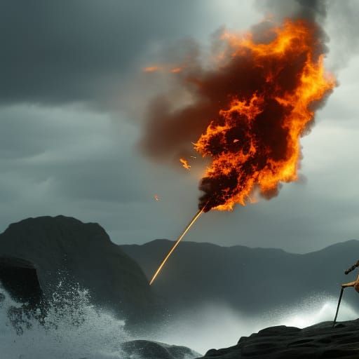 a tall red haired woman blocking a wave of fire with a shiel...