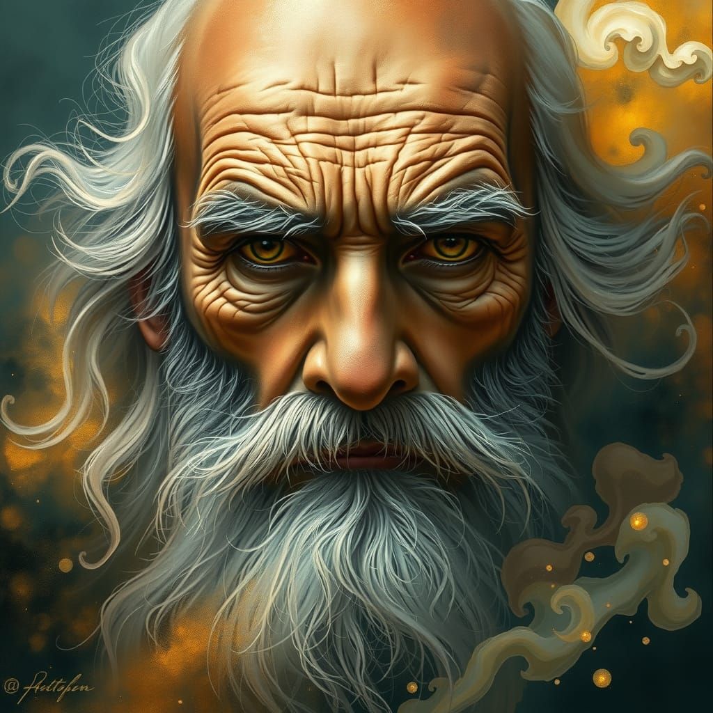 Venerable Elder with Flowing Beard in Iridescent Clouds