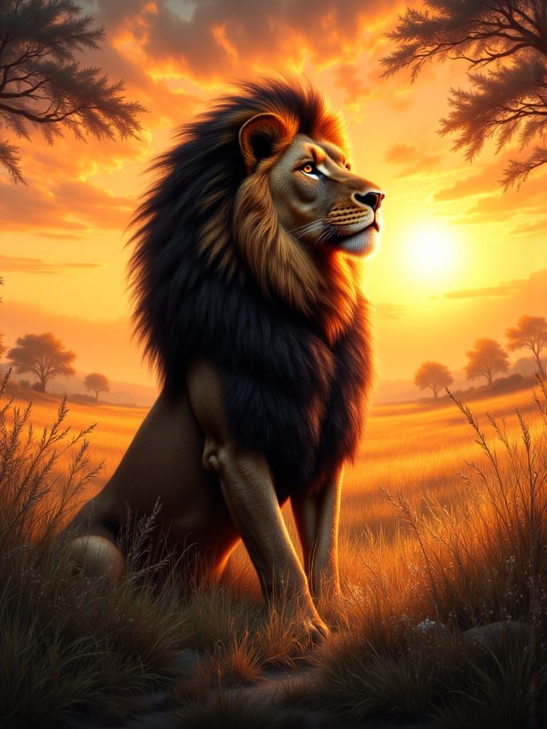 Majestic Lion Stands Proudly at Sunset in Neo-Impressionist ...