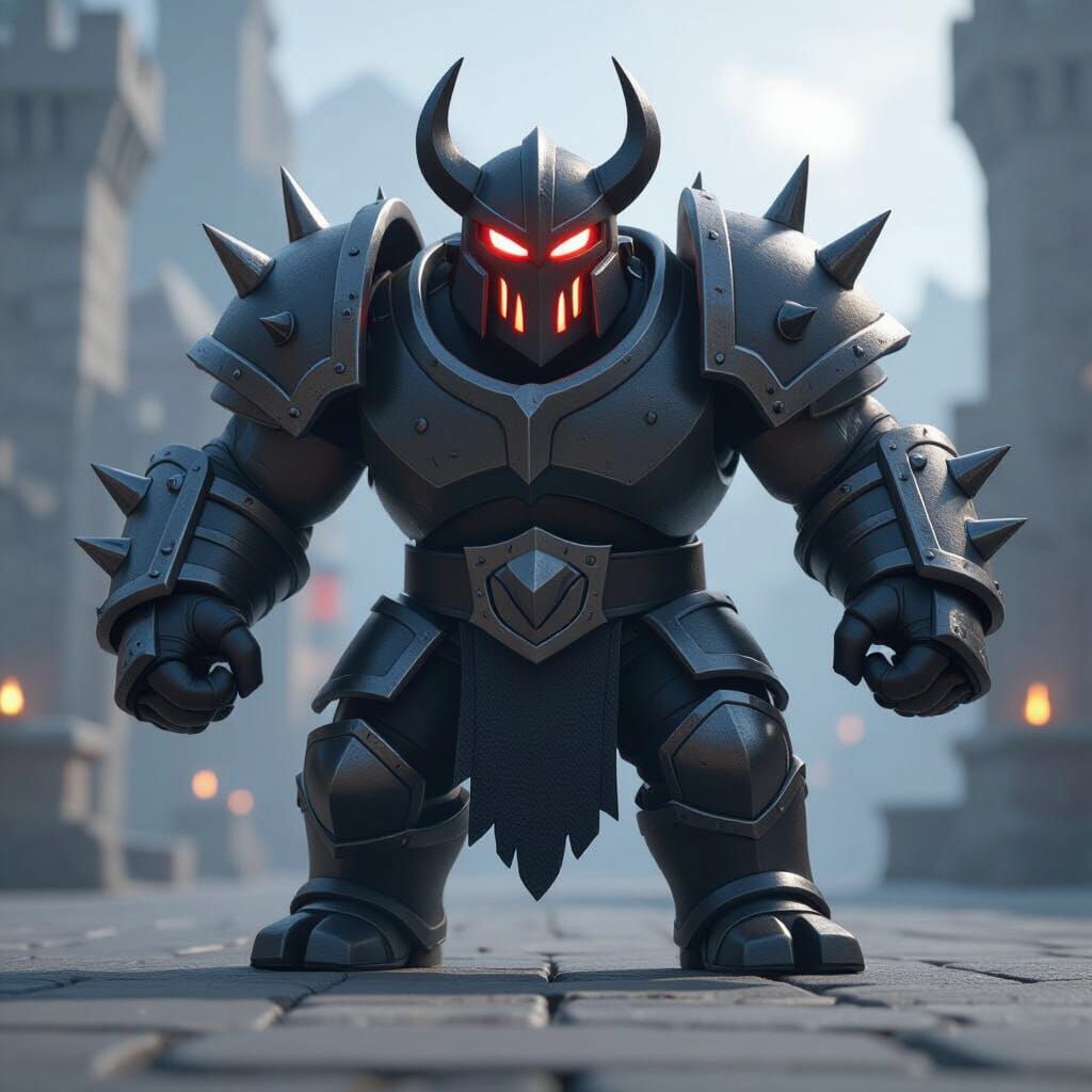 cinematic CGI of Mega Knight, Clash Royale game accurate design: massive dark armor with silver spikes, glowing red eyes, black and silver c... - Start Image 1