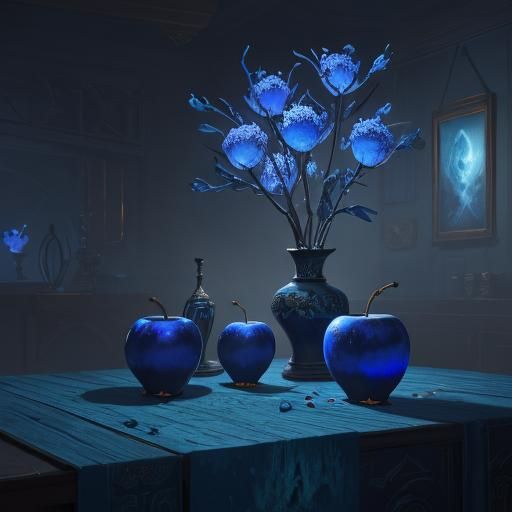 Blue apples that are lit up from inside.