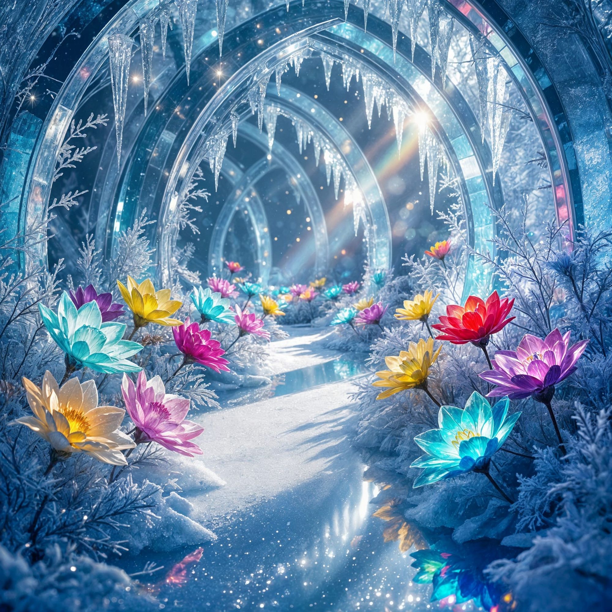 “A breathtaking frozen crystal garden in wide-angle, filled with dozens of multicolored flowers carved from ice. Each bloom glows from withi...