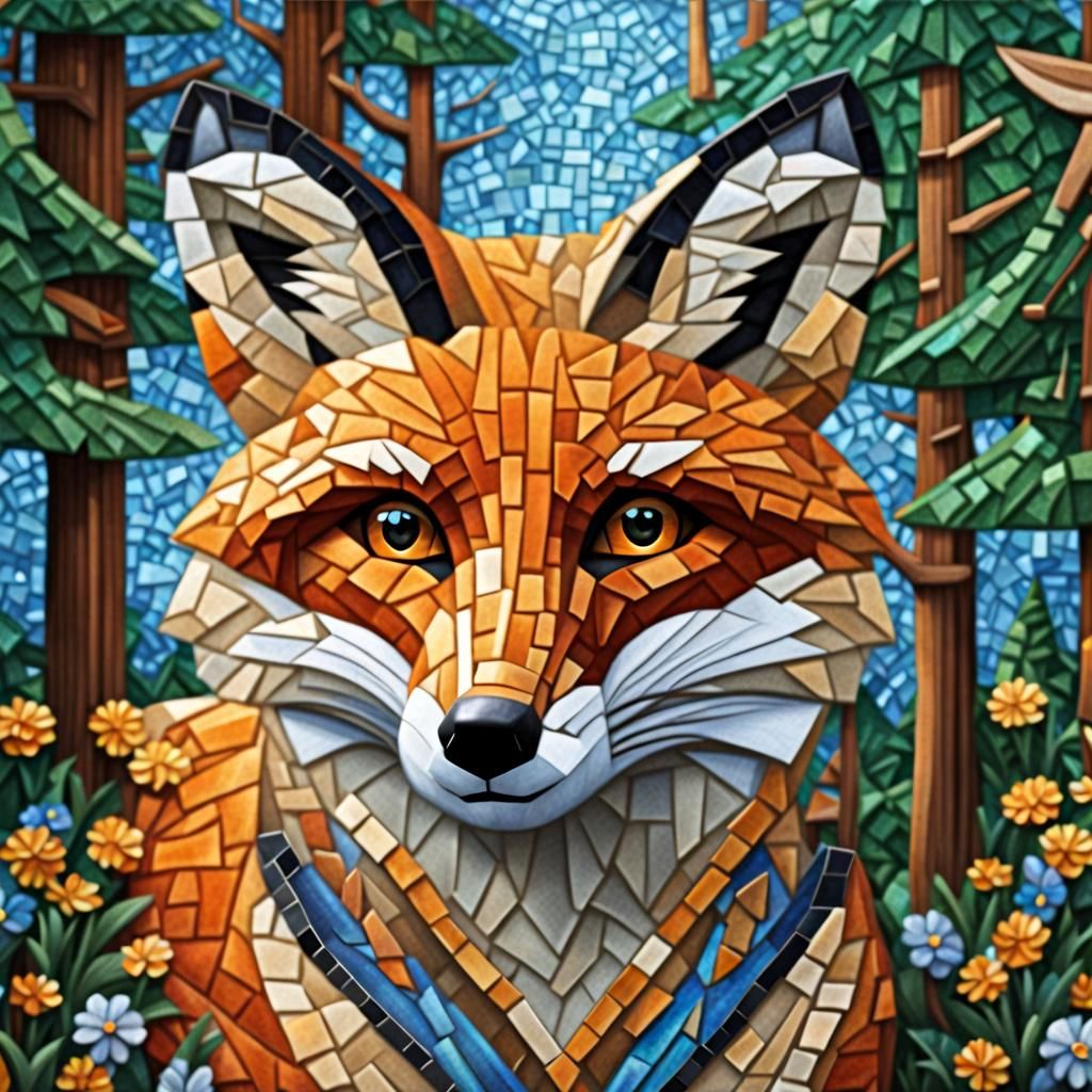 a mosaic fox mosaic style in a mosaic forest - AI Generated Artwork ...