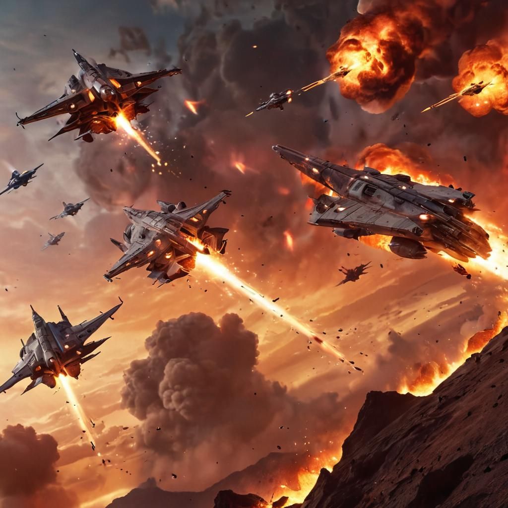 Attack spaceships on fire in a burning sky