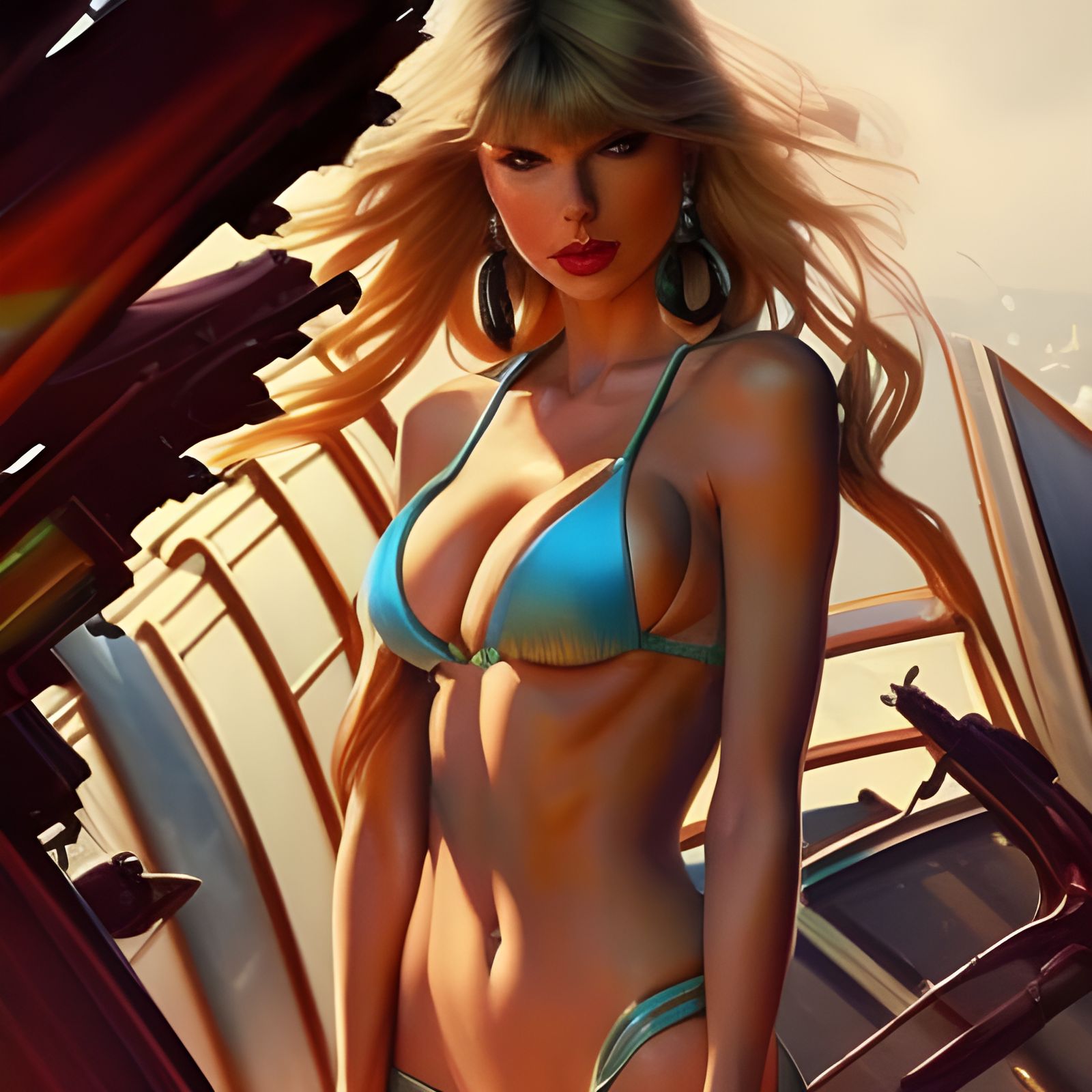 Taylor Swift & Charlotte McKinney, wearing blue bikini - AI Generated  Artwork - NightCafe Creator