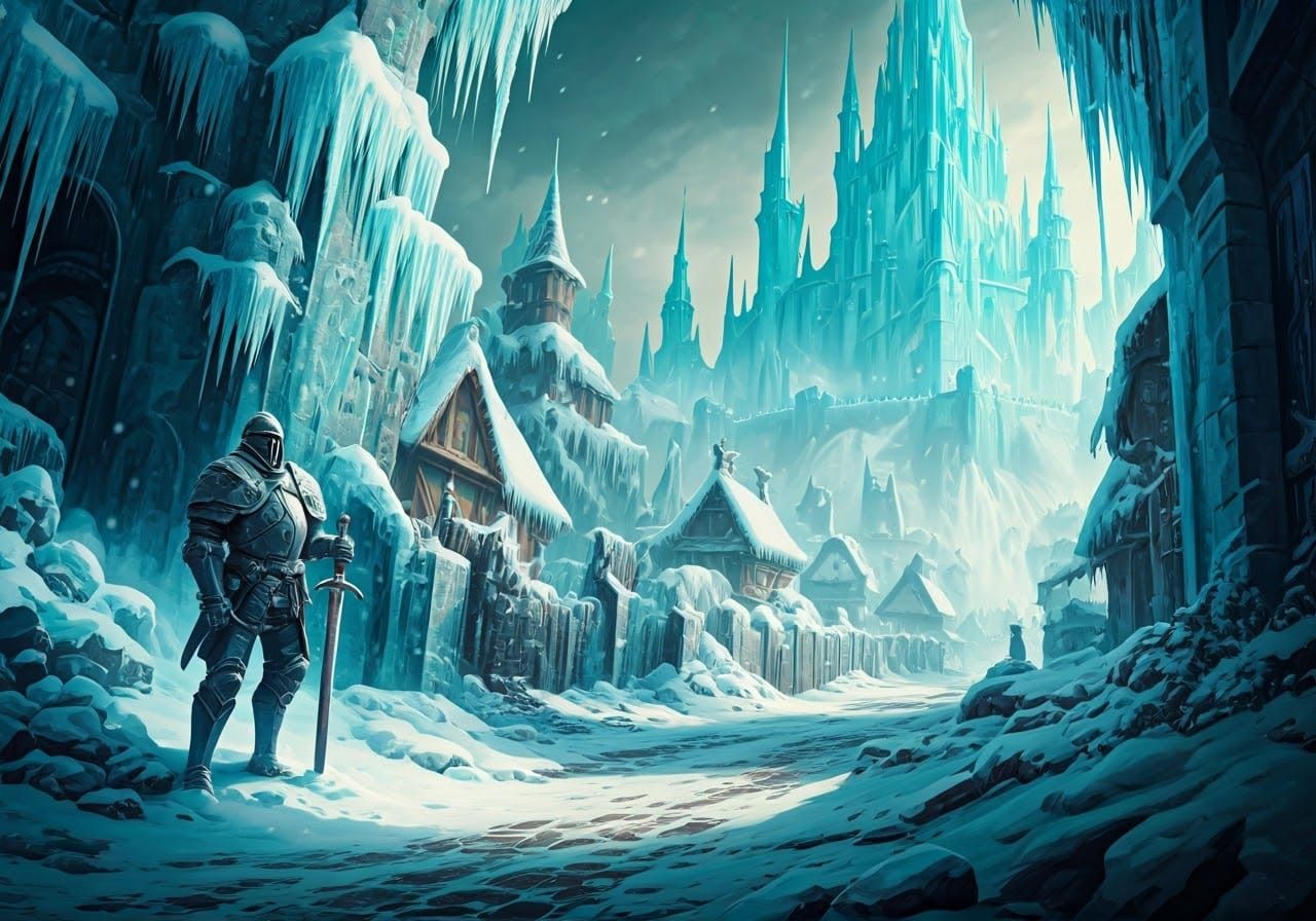 "In an abandoned Winter Kingdom frozen in time, knights in heavy armor stand motionless, guarding the towering crystal castle. Their armor, ...