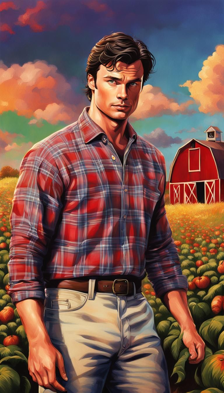 Tom Welling as Clark Kent on the farm in a plaid shirt - AI Generated ...