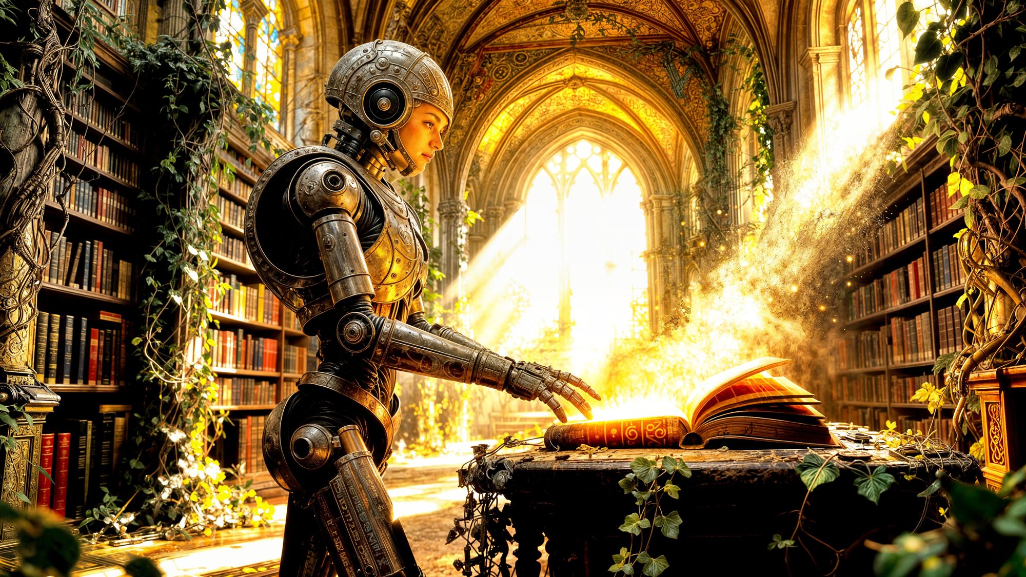 A lone, antique robot stands in a vast, overgrown library, its metallic fingers gently touching the spine of a glowing, ancient tome. Dust m...