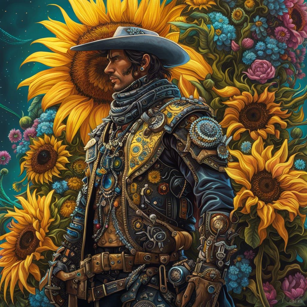 Exploded profile of floral cyberpunk cowboy with sunflowers;...