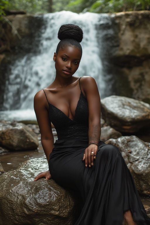 BLACK QUEEN DRESSED IN A BLACK EVENING DRESS SITTING ON ROCK...