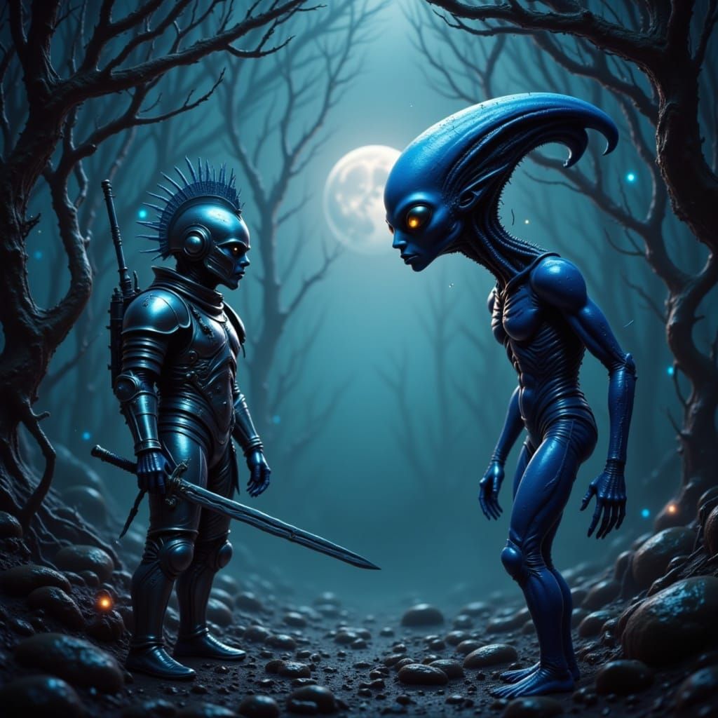 A medieval knight meets an alien <lora:Lost in Space:1.0> 